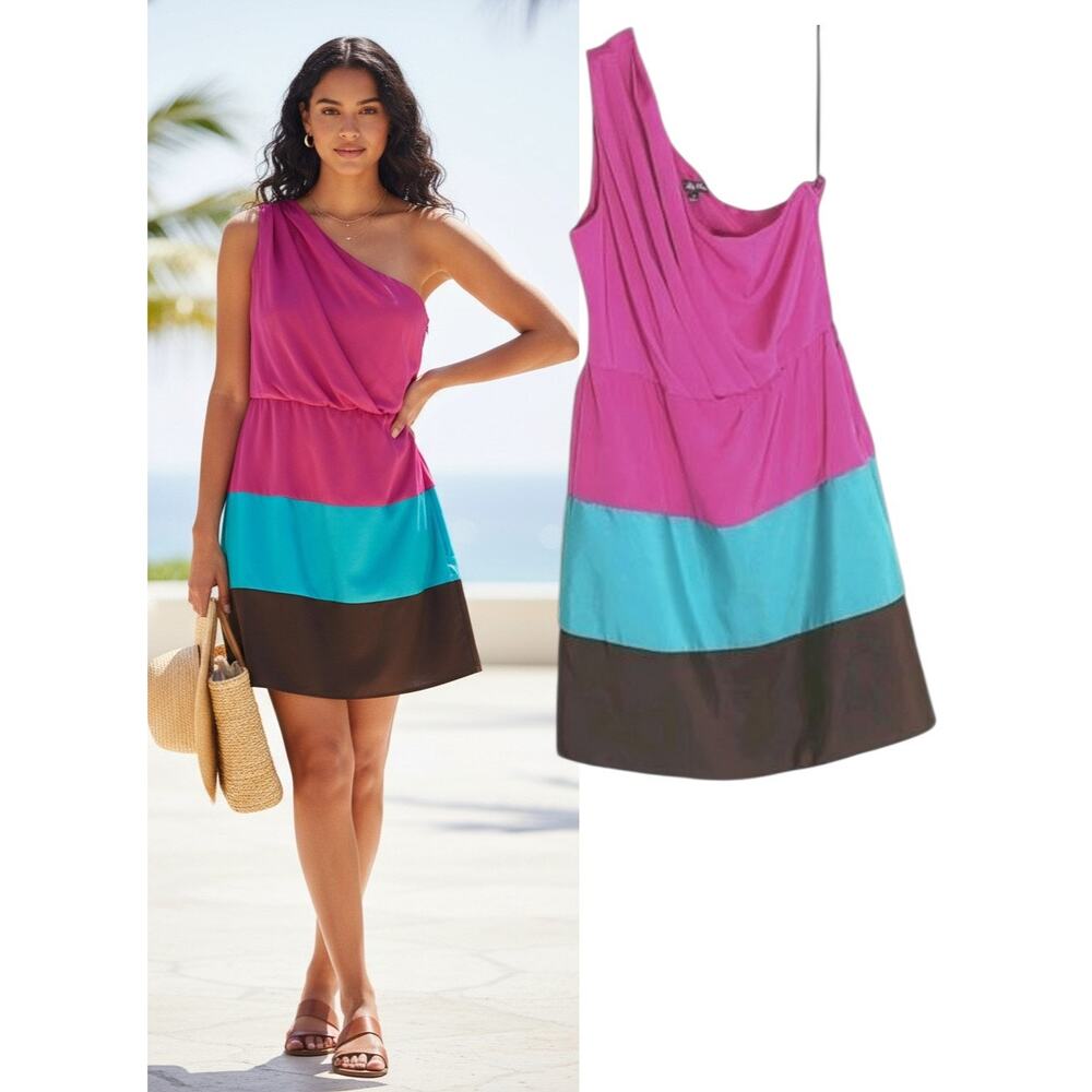 Lily Rose One Shoulder Silky Sundress Women's Sz M Pink Colorblock Summer Mini
